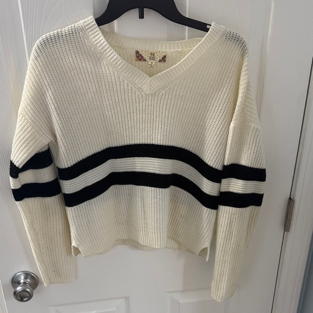 Pink Rose Cream V-Neck Sweater with Black Stripes